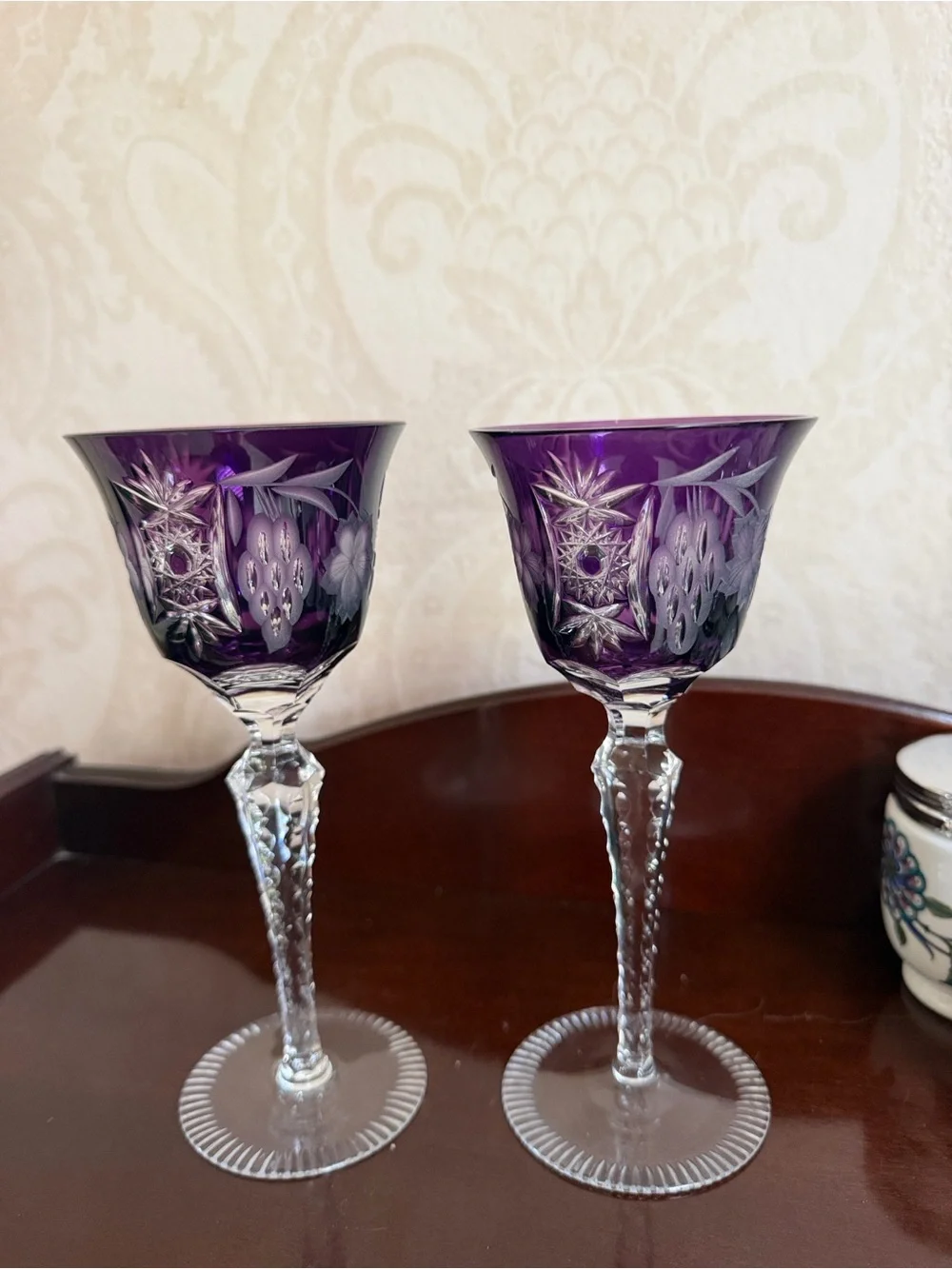 Purple Etched Crystal Wine Goblets - Set of 2